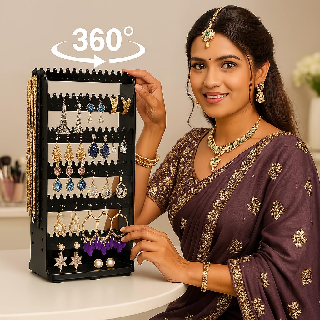 mechdel Plastic Rotating Earrings Stand Jewelry Display Organiser/Earrings Organiser/Jewellery Towers/Jewellery Stands/Earring Organizer Box/Chain Organiser (Rotating Earrings Organizer-Black, 1-SET)