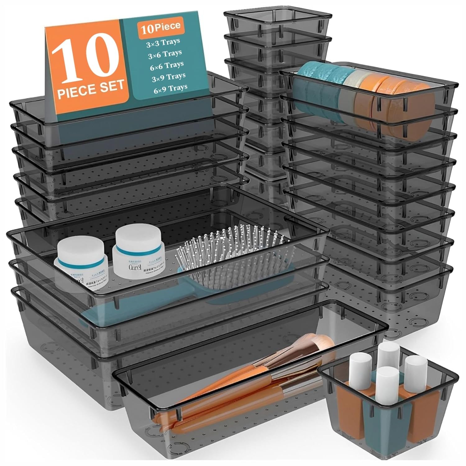 MECHDEL Drawer Organizer Set/Bathroom and Dressing Table Trays/Cosmetic Display/Bathroom Cosmetic Organizers/Unbreakable Drawer Organizer/Drawer Divider Tray (Transparent, 21PCS Set)
