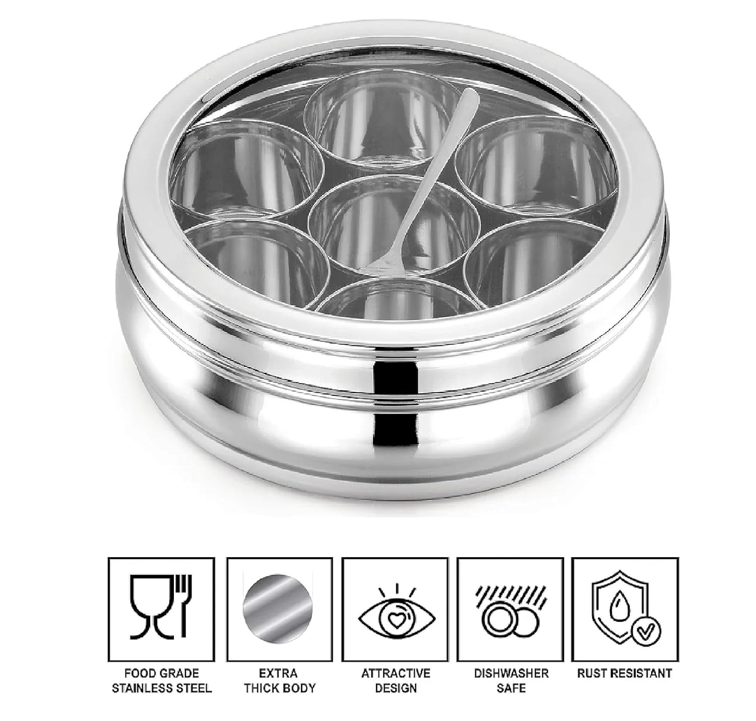 ATROCK Masala Dabba | Masala Box Stainless Steel For Kitchen | Masala Dani | Spice Storage Container (Glass Lid, 1200Ml), Silver