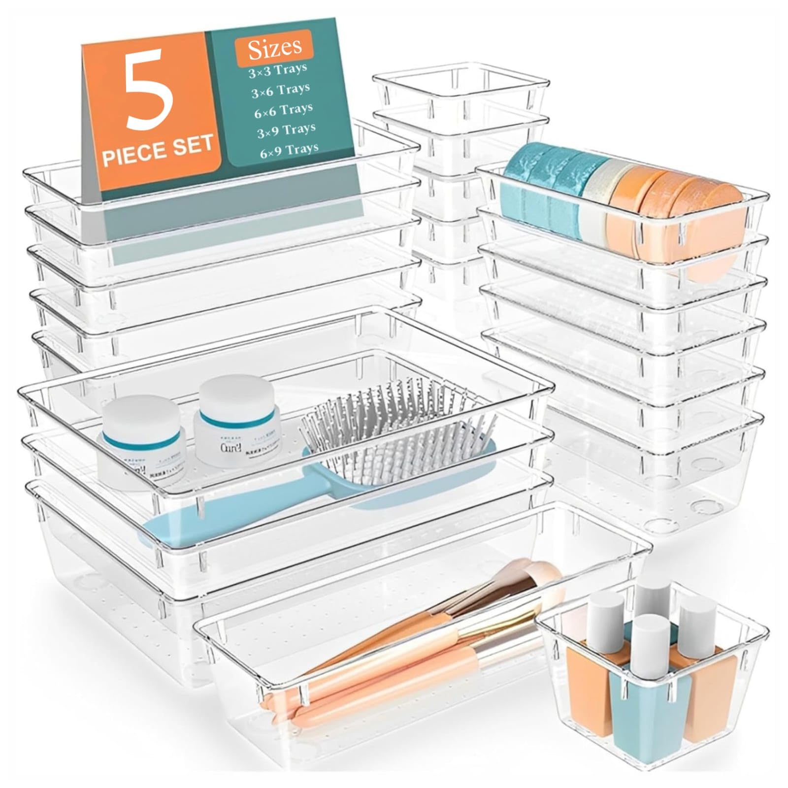 MECHDEL Drawer Organizer Set/Bathroom and Dressing Table Trays/Cosmetic Display/Bathroom Cosmetic Organizers/Unbreakable Drawer Organizer/Drawer Divider Tray (Transparent, 21PCS Set)
