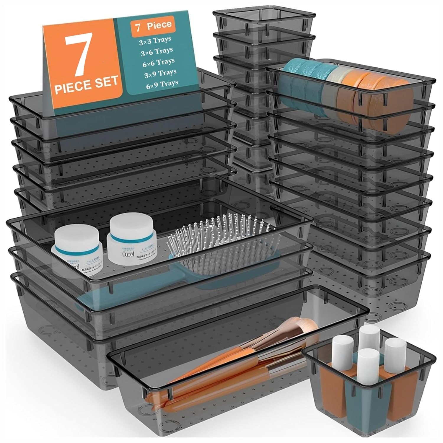 MECHDEL Drawer Organizer Set/Bathroom and Dressing Table Trays/Cosmetic Display/Bathroom Cosmetic Organizers/Unbreakable Drawer Organizer/Drawer Divider Tray (Transparent, 21PCS Set)