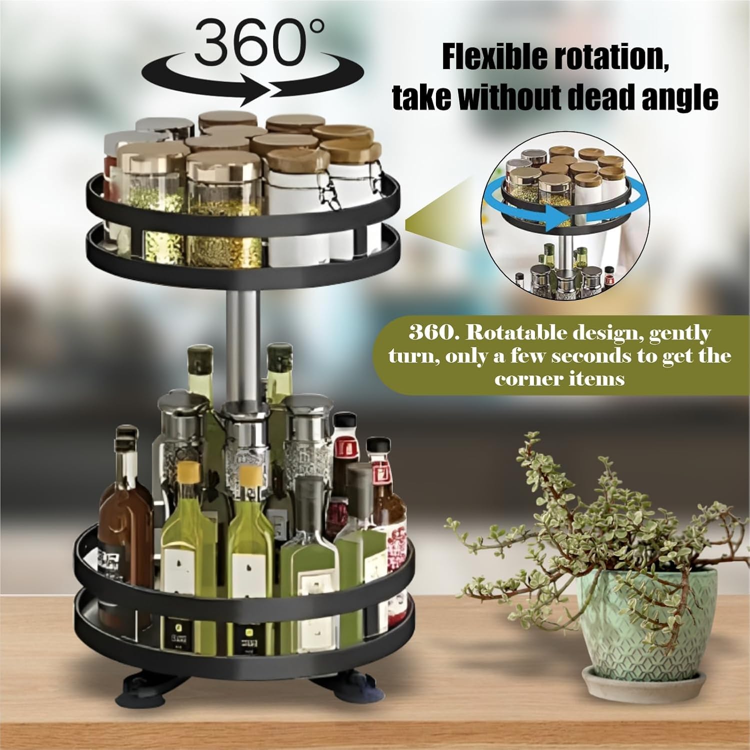 JD FRESH 2-Tier 360° Rotating Spice Rack Organiser/Multifunctional Spice Rack/Table Top Storage Rack/Non-Slip Spice Holder Organizer for Kitchen/Living Room- (Black, Round)