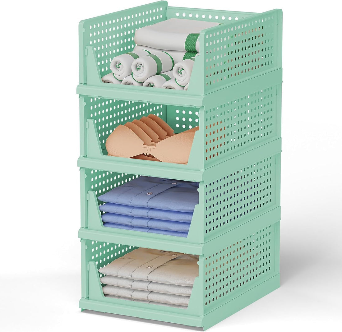 MECHDEL | Wardrobe Organizer For Clothes | Cupboard Organizer | Foldable Shirt Stacker Box | Cloth Box for Almirah | Closet Storage Basket |Plastic Stackable Closet Organizer (Pista Green, 4PCS)