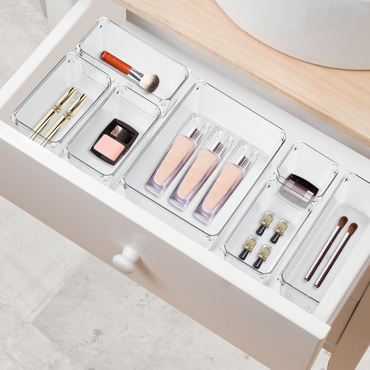 MECHDEL Drawer Organizer Set/Bathroom and Dressing Table Trays/Cosmetic Display/Bathroom Cosmetic Organizers/Unbreakable Drawer Organizer/Drawer Divider Tray (Transparent, 21PCS Set)
