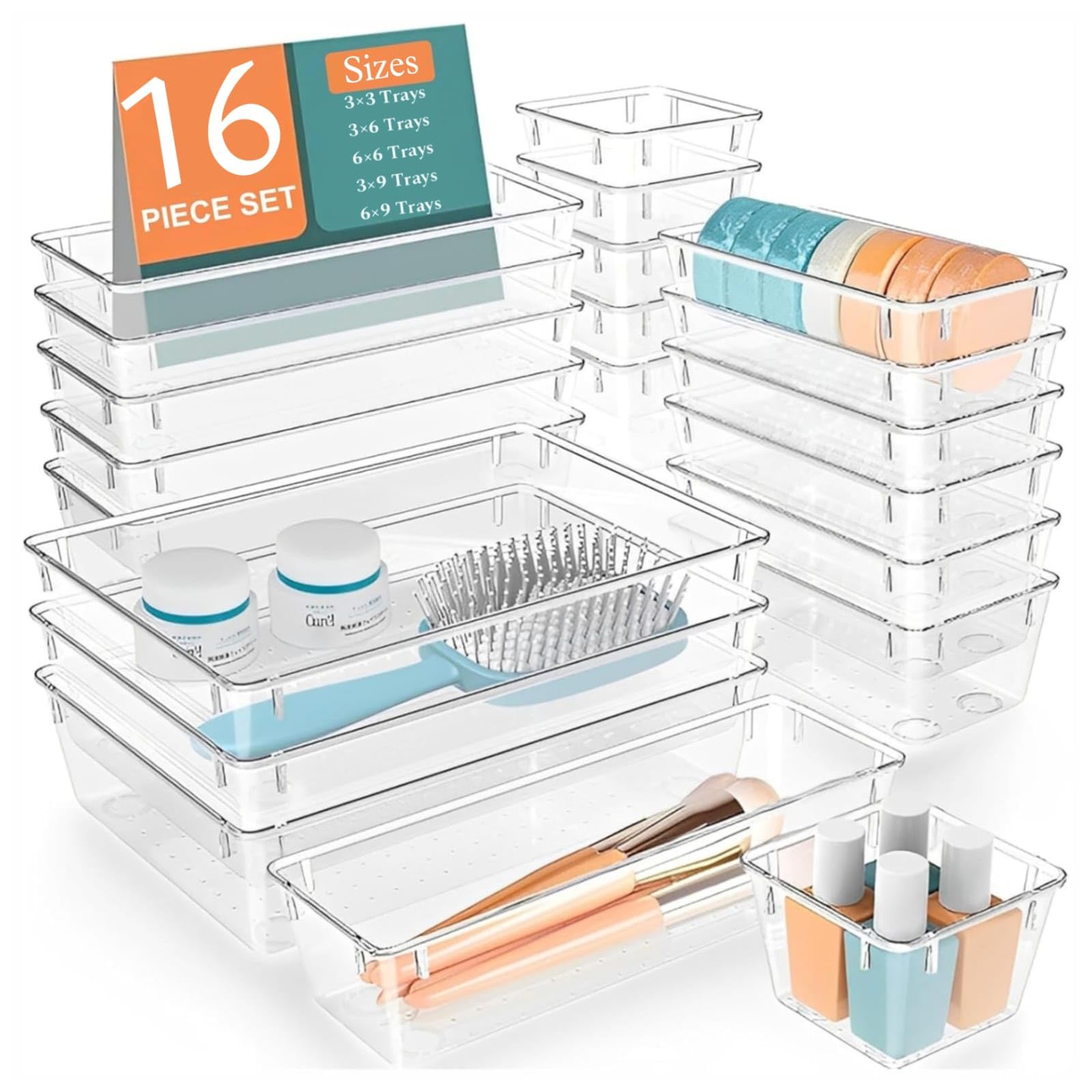 MECHDEL Drawer Organizer Set/Bathroom and Dressing Table Trays/Cosmetic Display/Bathroom Cosmetic Organizers/Unbreakable Drawer Organizer/Drawer Divider Tray (Transparent, 21PCS Set)