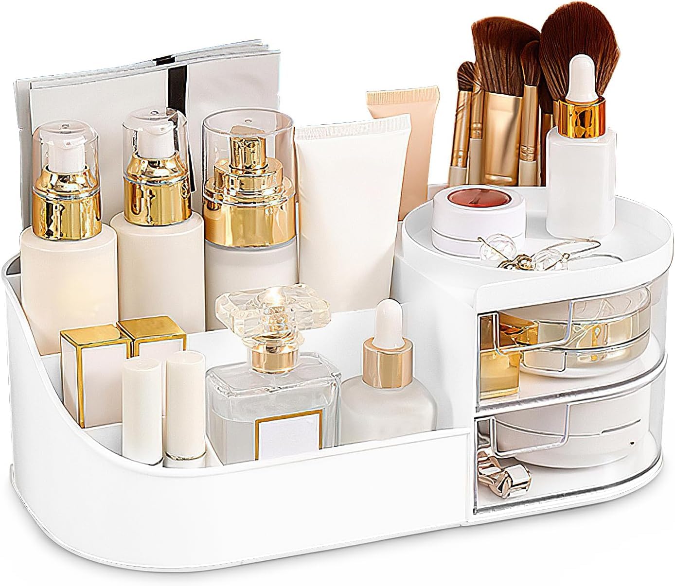 zuku MakeUp Organizer Stand Desk Storage Dressing Table Organiser Cosmetic Organizer Box Skin Care Table Bathroom Organiser Makeup Storage Box Makeup Vanity with Transparent Drawer(White)