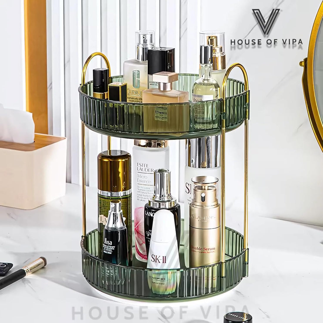 360° Rotating Makeup Organizer Box - Cosmetic Storage with Drawers, Plastic Makeup Holder Stand for Dressing Table, Lipsticks, Nail Polishes & Accessories (Gem Green, 2 Layer)