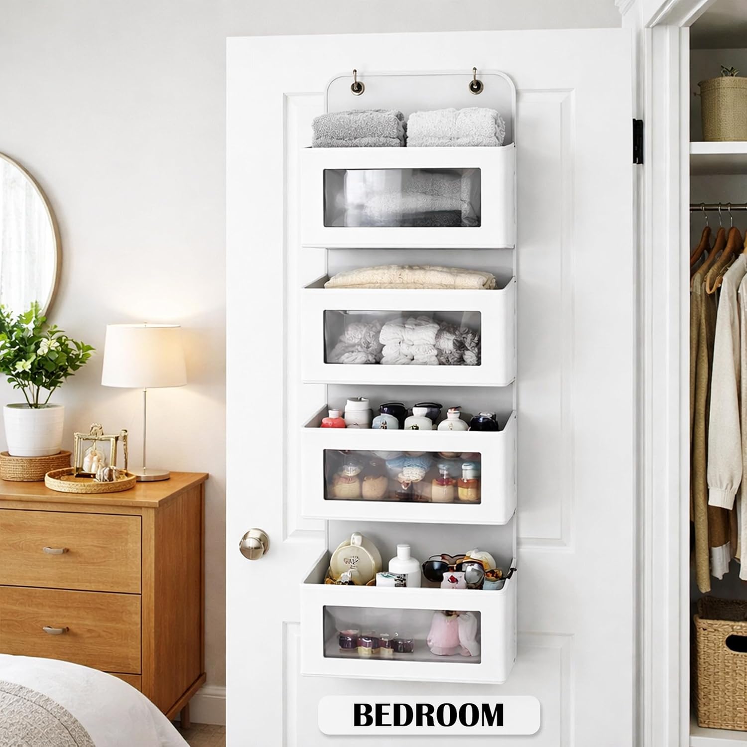 mechdel Over the Door Organizer with Large Pockets, Anti-Tilt Hanging Storage for Bedroom, Closet, Bathroom, Pantry, Nursery (WHITE, 4LAYER-DOOR HANGER)