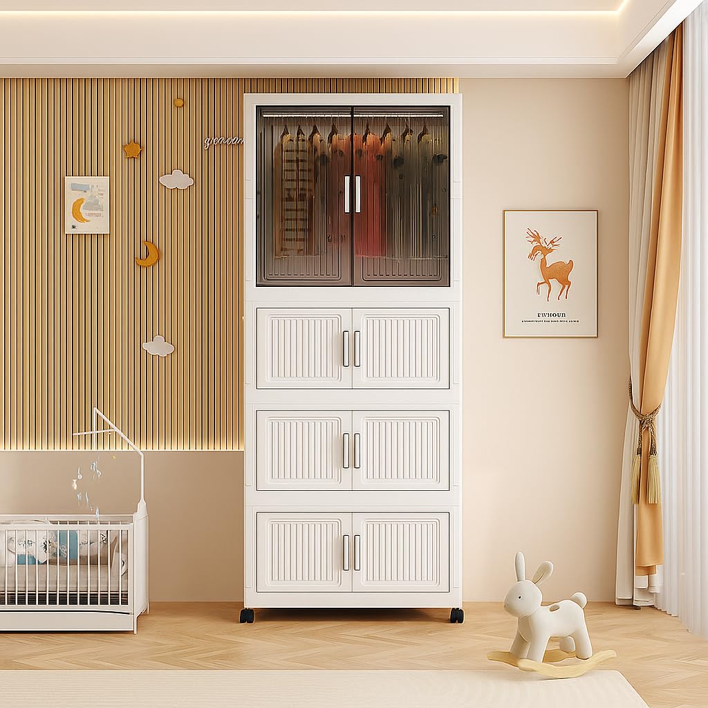 4-Door Plastic Wardrobe for Kids| Almirah and Wardrobe for Baby Clothes| Modular Storage Cabinet with Wheels| Kids Multi-Purpose Collapsible Wardrobe for Shoes/Books/Toy- White