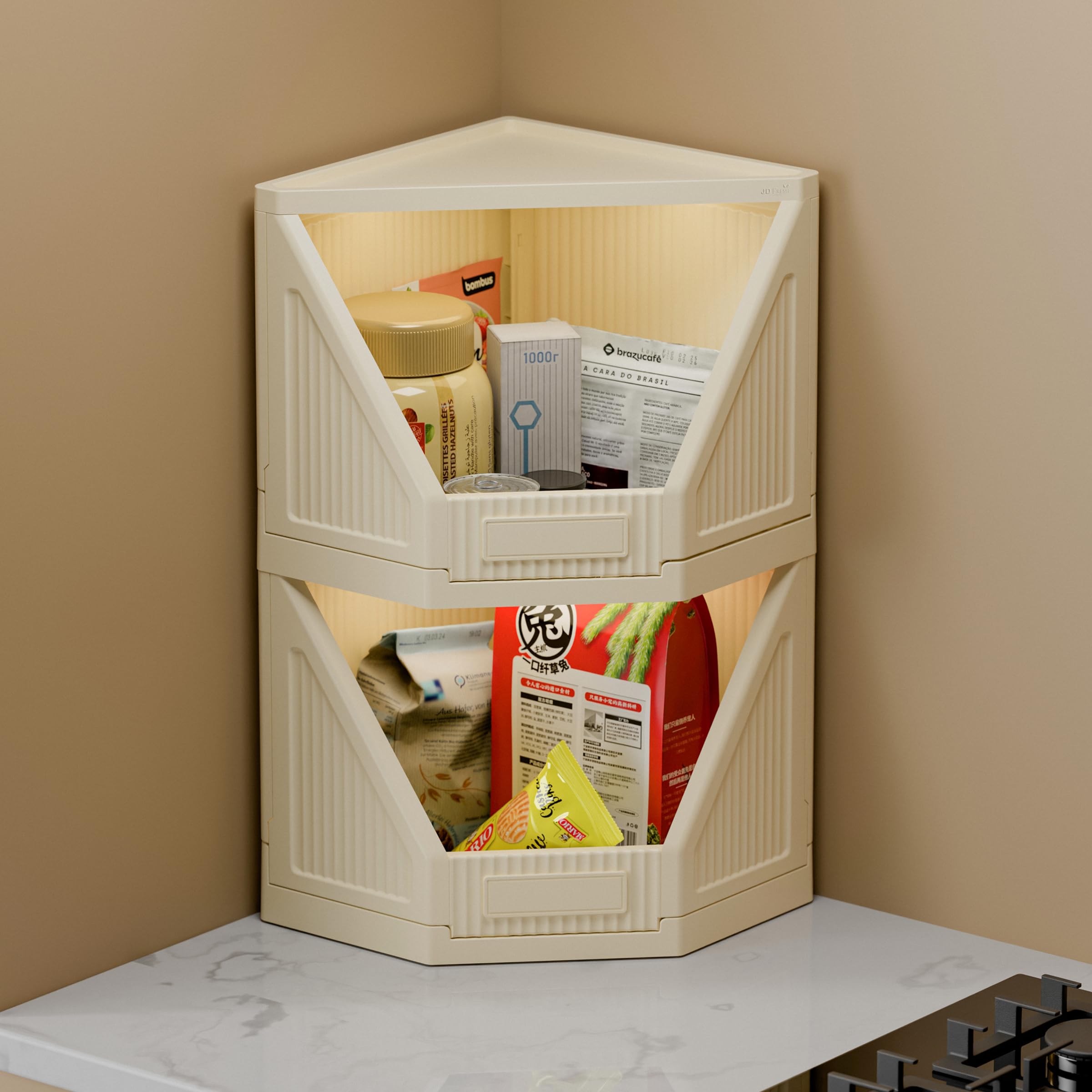 JD Fresh 4 Tier Plastic Corner Storage Cabinet/Foldable Cupboard for Storage/Stackable Cupboard for Cloth with Layer Locking System/Toy Organizer/Spacious Storage Rack for Books,Toys and Décor (Ivory)