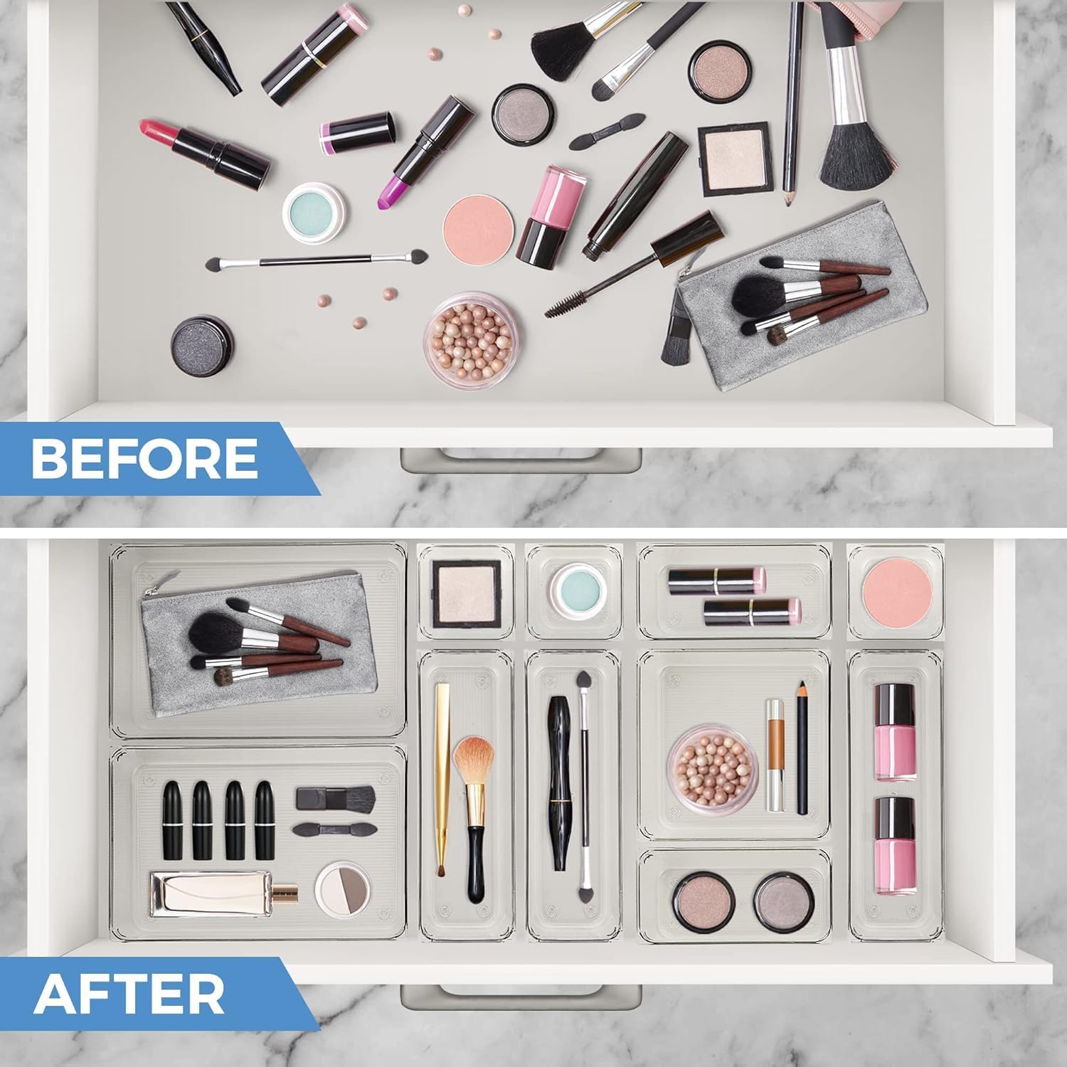 MECHDEL Drawer Organizer Set/Bathroom and Dressing Table Trays/Cosmetic Display/Bathroom Cosmetic Organizers/Unbreakable Drawer Organizer/Drawer Divider Tray (Transparent, 21PCS Set)