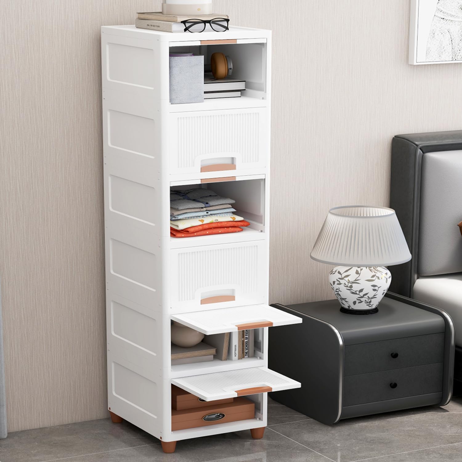 JD FRESH 3 Tier Foldable Organizer for Clothes/Modular Kitchen Storage Rack/Multipurpose Almirah for Bedroom/Wardrobe for Cloth/Space Saving Closet for Living Room/Stackable Cabinet for Home(White)