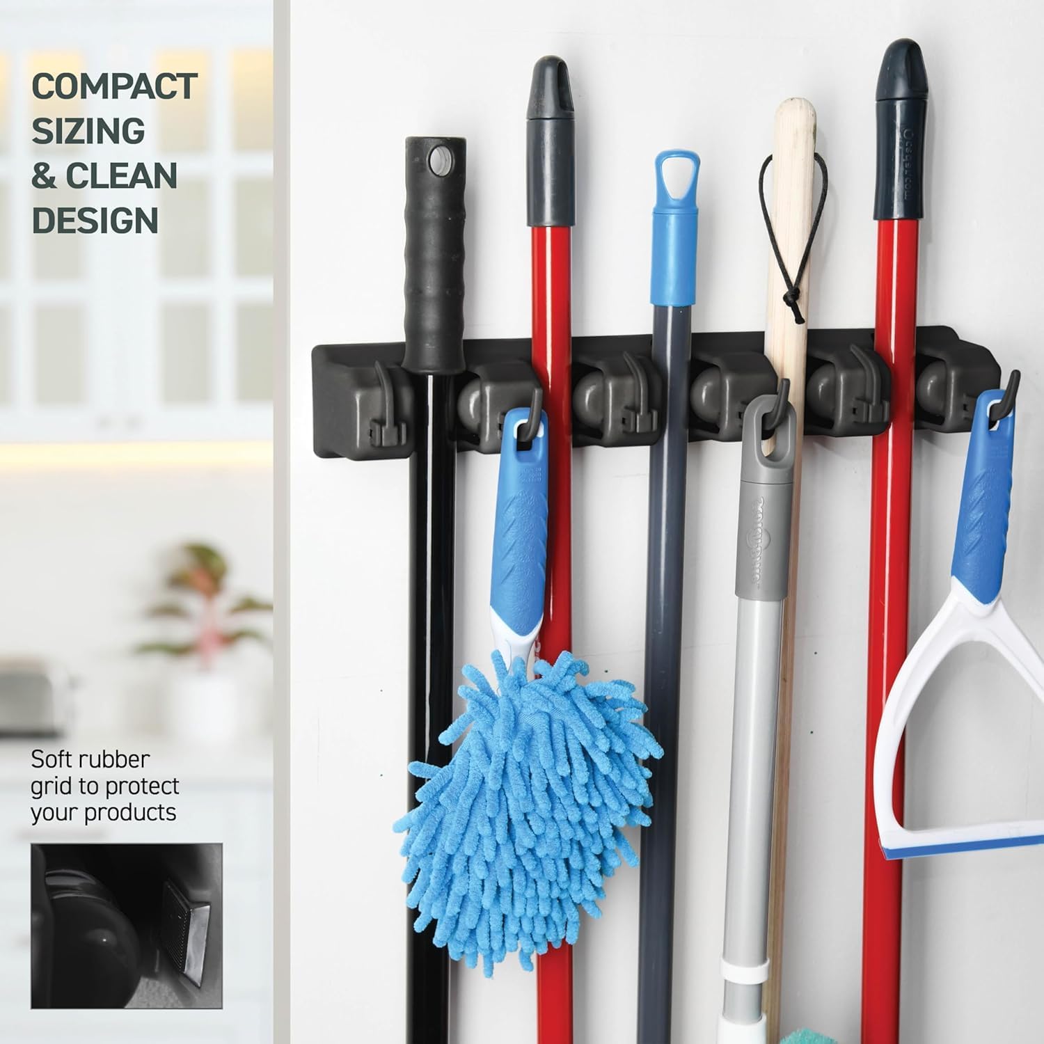 mechdel Mop Holder/Wall Mounted Wiper Holder/Storage Organizers/Drill-Free Broom Stick Stand for Home/Indoor-Outdoor (6 Hooks Mop/Broom Holder-Black, 1SET)