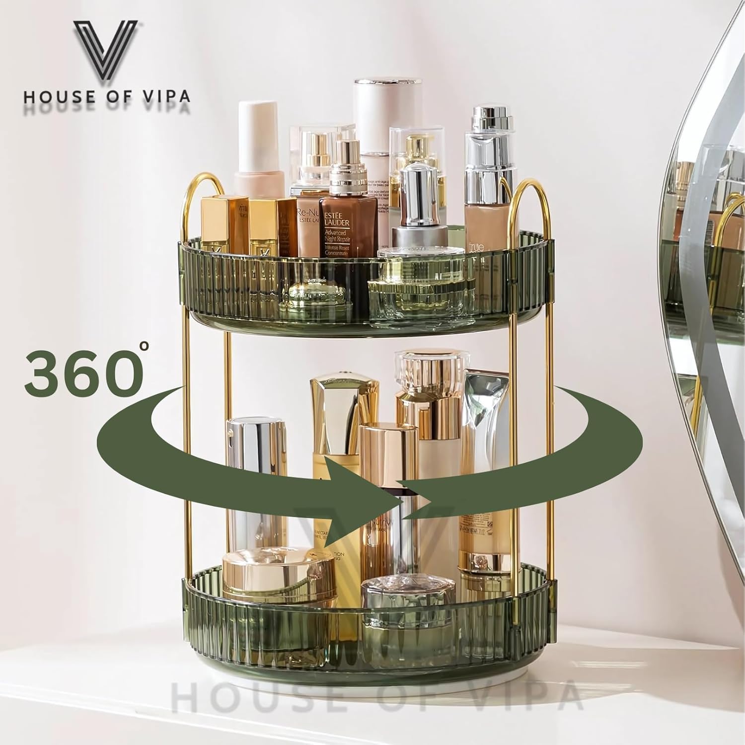 360° Rotating Makeup Organizer Box - Cosmetic Storage with Drawers, Plastic Makeup Holder Stand for Dressing Table, Lipsticks, Nail Polishes & Accessories (Gem Green, 2 Layer)