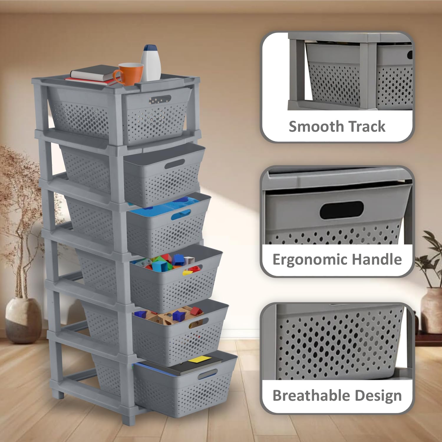 JD FRESH 6-Tier Plastic Storage Cabinet Organizer/Modular Plastic Drawer System for Home, Office, Hospital, Parlor, School, Doctors, and Kids' Rooms/Modular Kitchen & Toy Organizer (GREY)