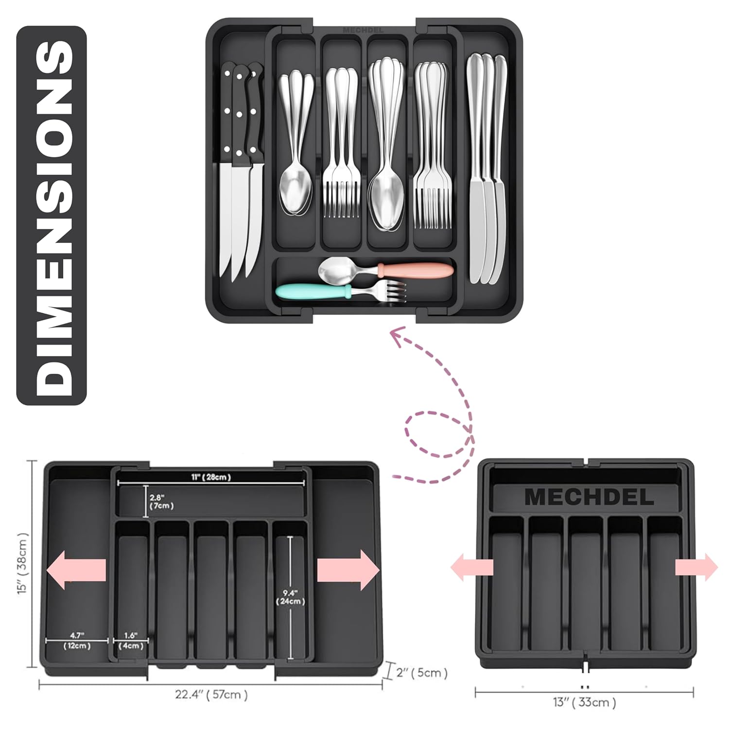 mechdel Drawer Organizer, Expandable BPA Free Utensil Tray for Kitchen, Adjustable Flatware and Cutlery Holder for Spoons Forks Knives, Plastic Kitchen Organizers and Storage (BLACK, 8-Slots)