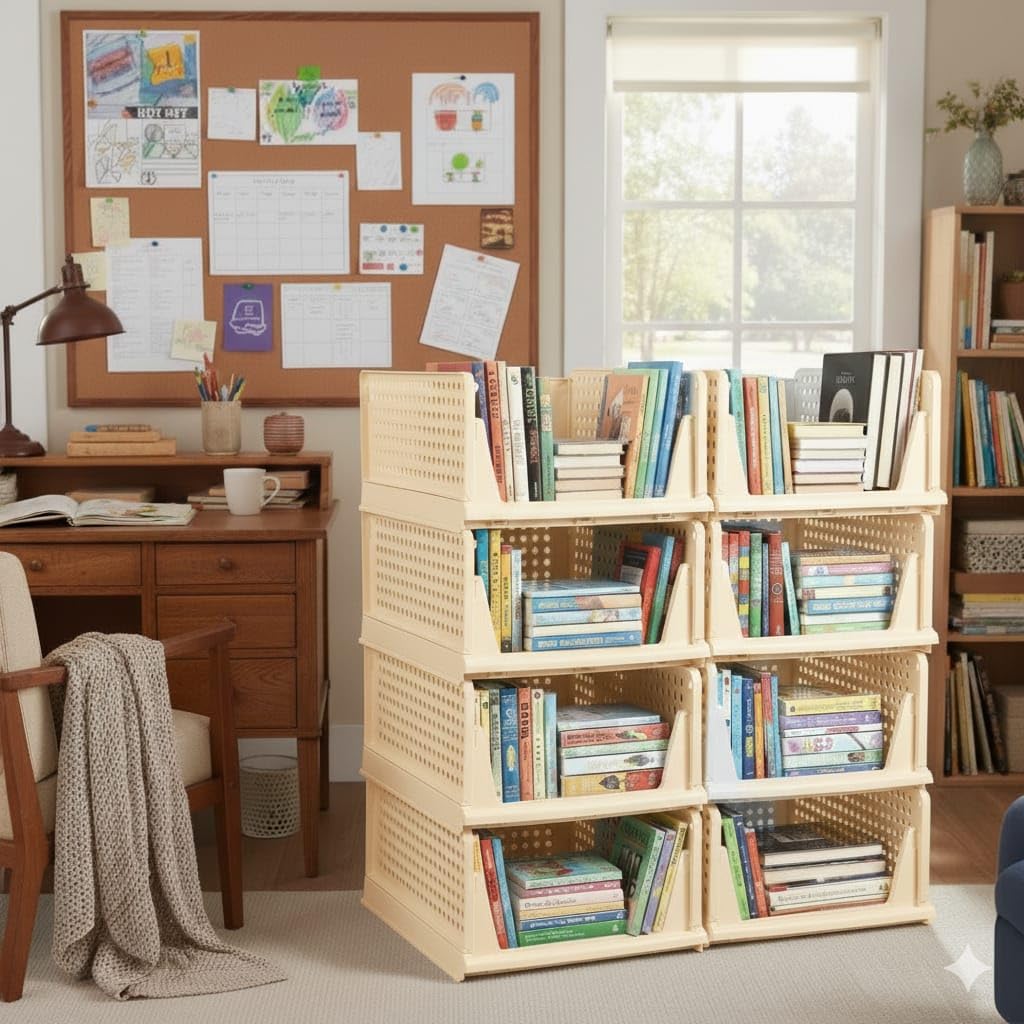 MECHDEL | Wardrobe Organizer For Clothes | Cupboard Organizer | Foldable Shirt Stacker Box | Cloth Box for Almirah | Closet Storage Basket |Plastic Stackable Closet Organizer (Ivory Yellow, 4PCS)