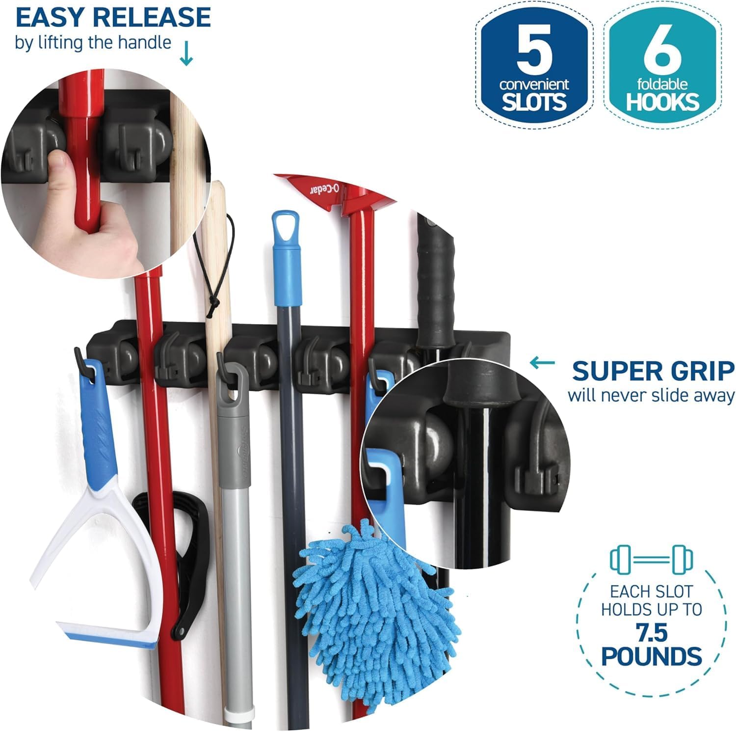 mechdel Mop Holder/Wall Mounted Wiper Holder/Storage Organizers/Drill-Free Broom Stick Stand for Home/Indoor-Outdoor (6 Hooks Mop/Broom Holder-Black, 1SET)