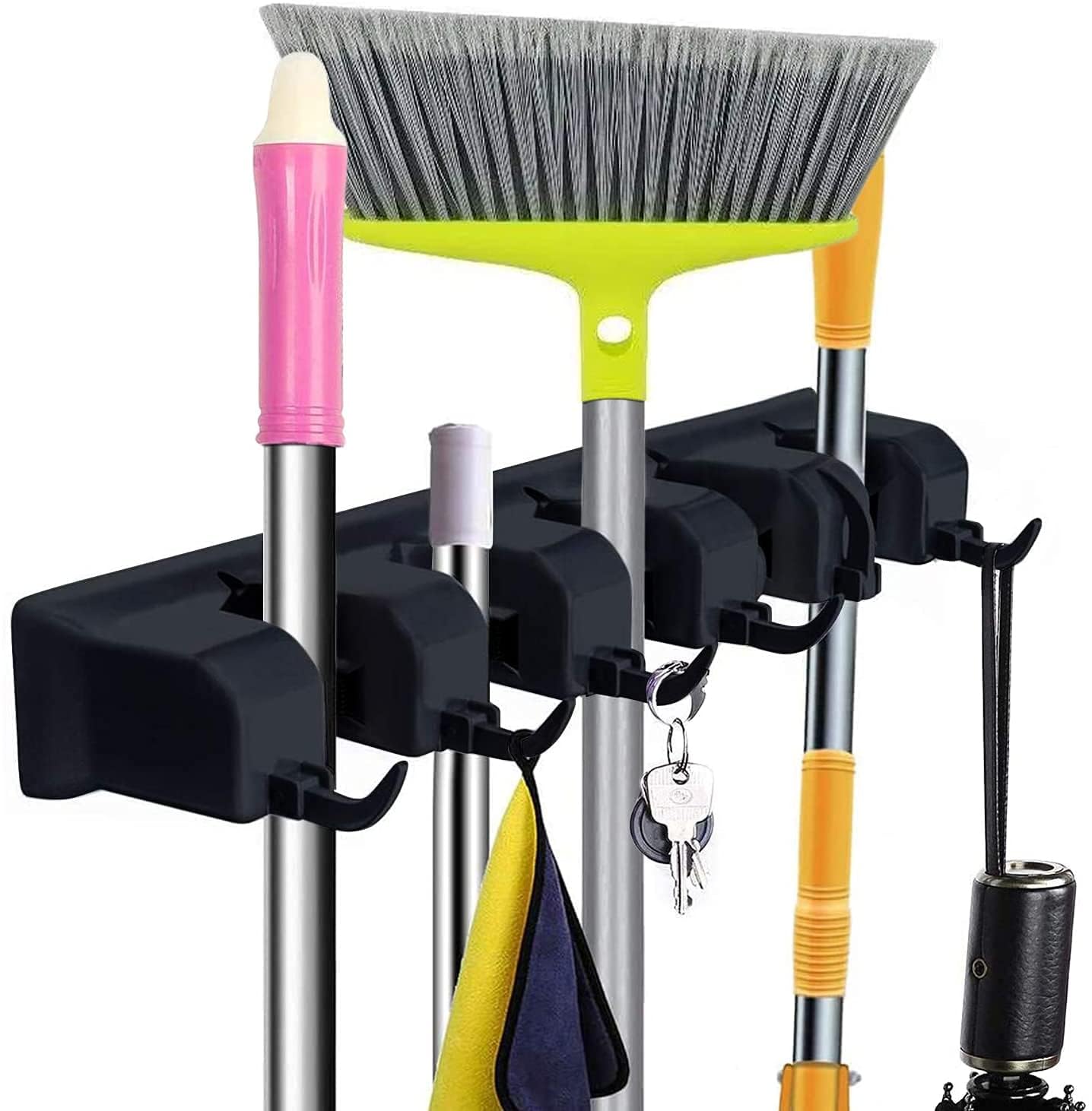 mechdel Mop Holder/Wall Mounted Wiper Holder/Storage Organizers/Drill-Free Broom Stick Stand for Home/Indoor-Outdoor (6 Hooks Mop/Broom Holder-Black, 1SET)