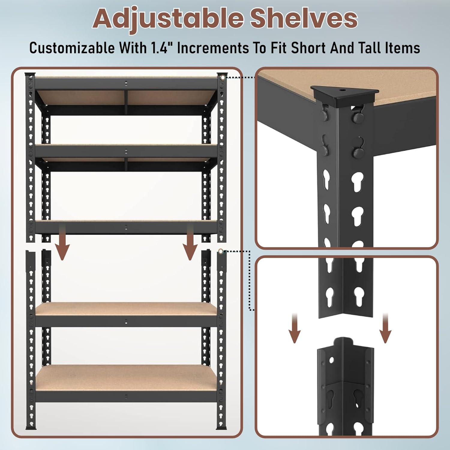 JD FRESH 5-Tier Adjustable Metal Storage Rack/Heavy Duty Boltless Shelving Unit & Organizer for Home, Garage, Office & Shop/Display Rack with Metal Frame (60 x 18 x 18 Inch, Black)