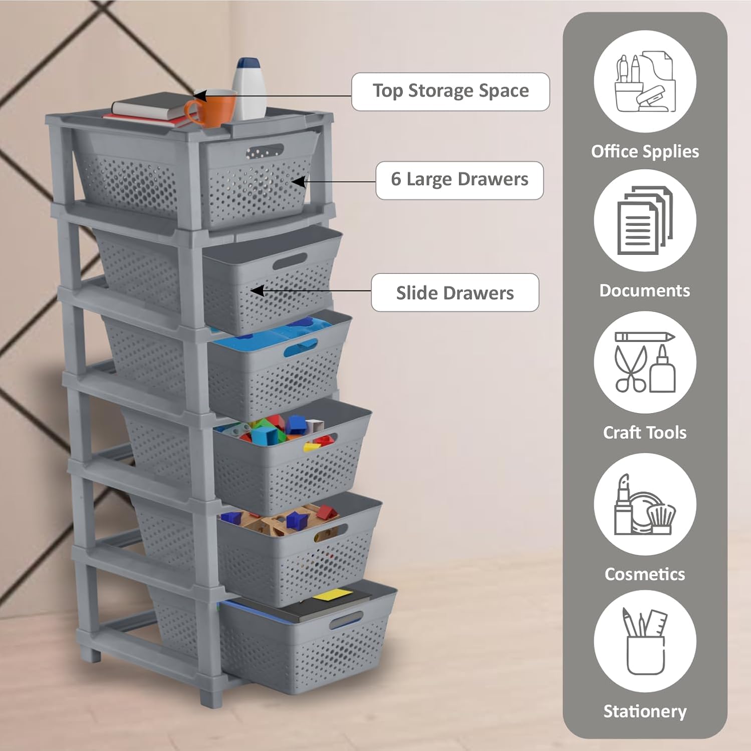 JD FRESH 6-Tier Plastic Storage Cabinet Organizer/Modular Plastic Drawer System for Home, Office, Hospital, Parlor, School, Doctors, and Kids' Rooms/Modular Kitchen & Toy Organizer (GREY)