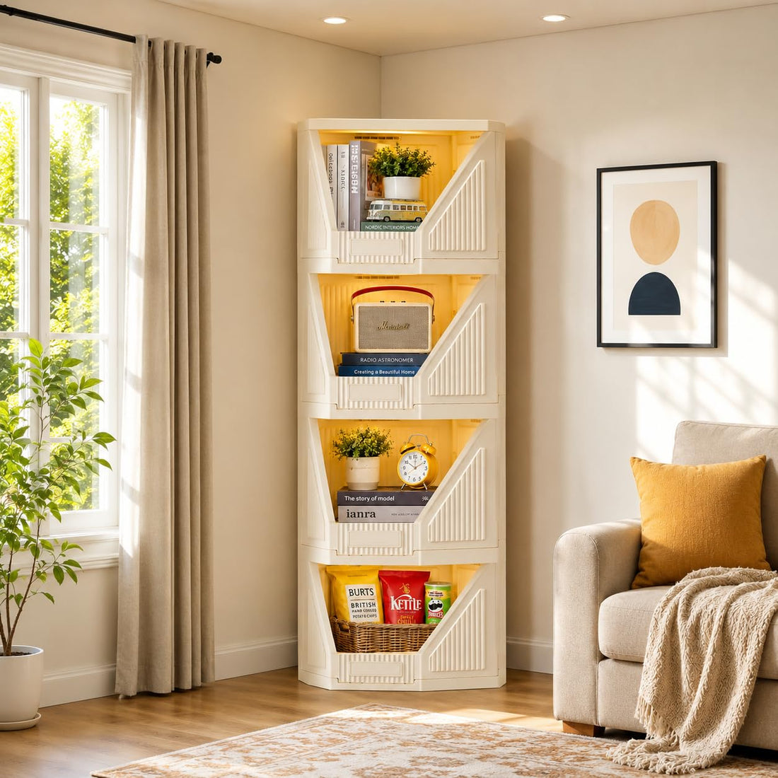 JD Fresh 4 Tier Plastic Corner Storage Cabinet/Foldable Cupboard for Storage/Stackable Cupboard for Cloth with Layer Locking System/Toy Organizer/Spacious Storage Rack for Books,Toys and Décor (Ivory)