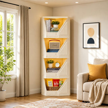 JD Fresh 4 Tier Plastic Corner Storage Cabinet/Foldable Cupboard for Storage/Stackable Cupboard for Cloth with Layer Locking System/Toy Organizer/Spacious Storage Rack for Books,Toys and Décor (Ivory)