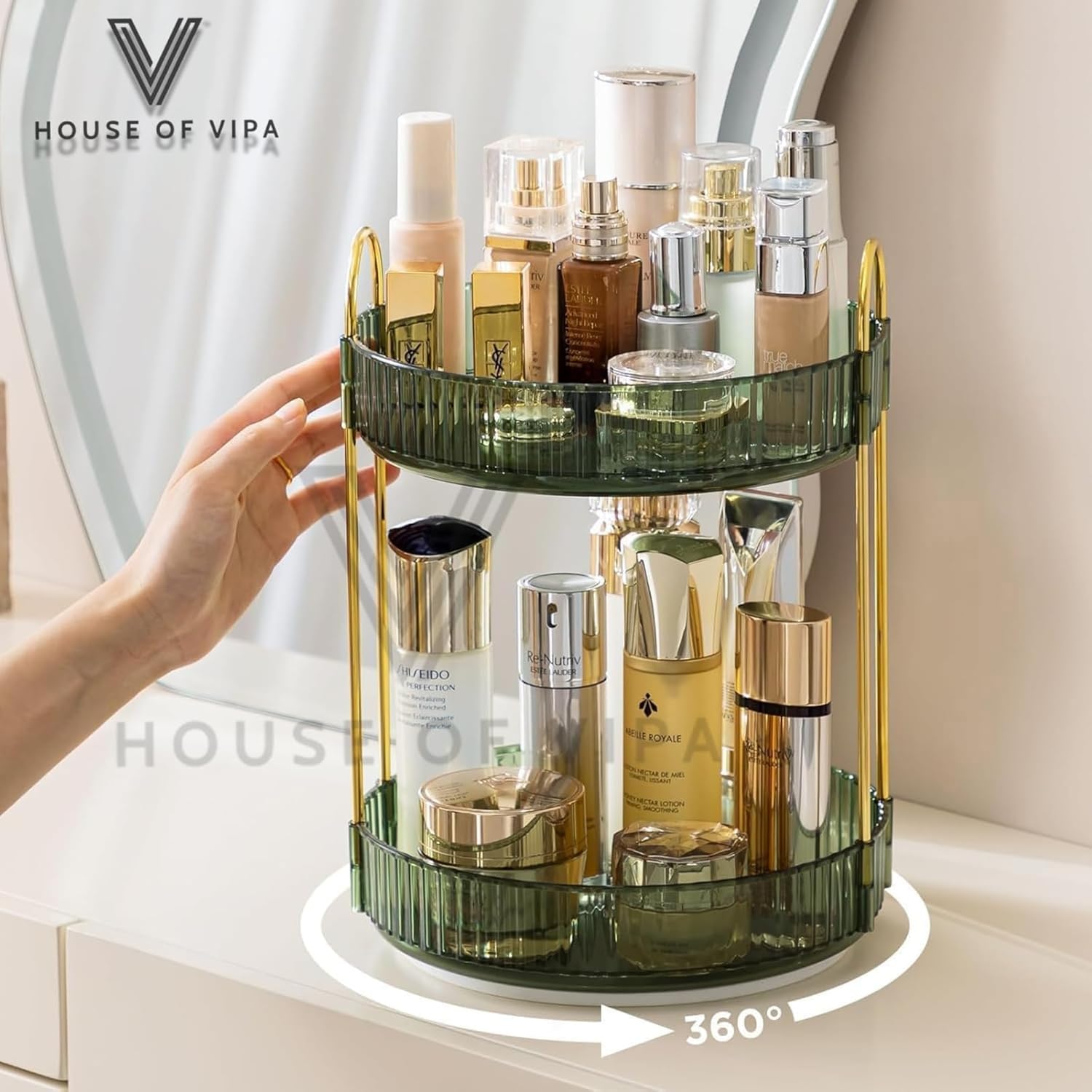 360° Rotating Makeup Organizer Box - Cosmetic Storage with Drawers, Plastic Makeup Holder Stand for Dressing Table, Lipsticks, Nail Polishes & Accessories (Gem Green, 2 Layer)