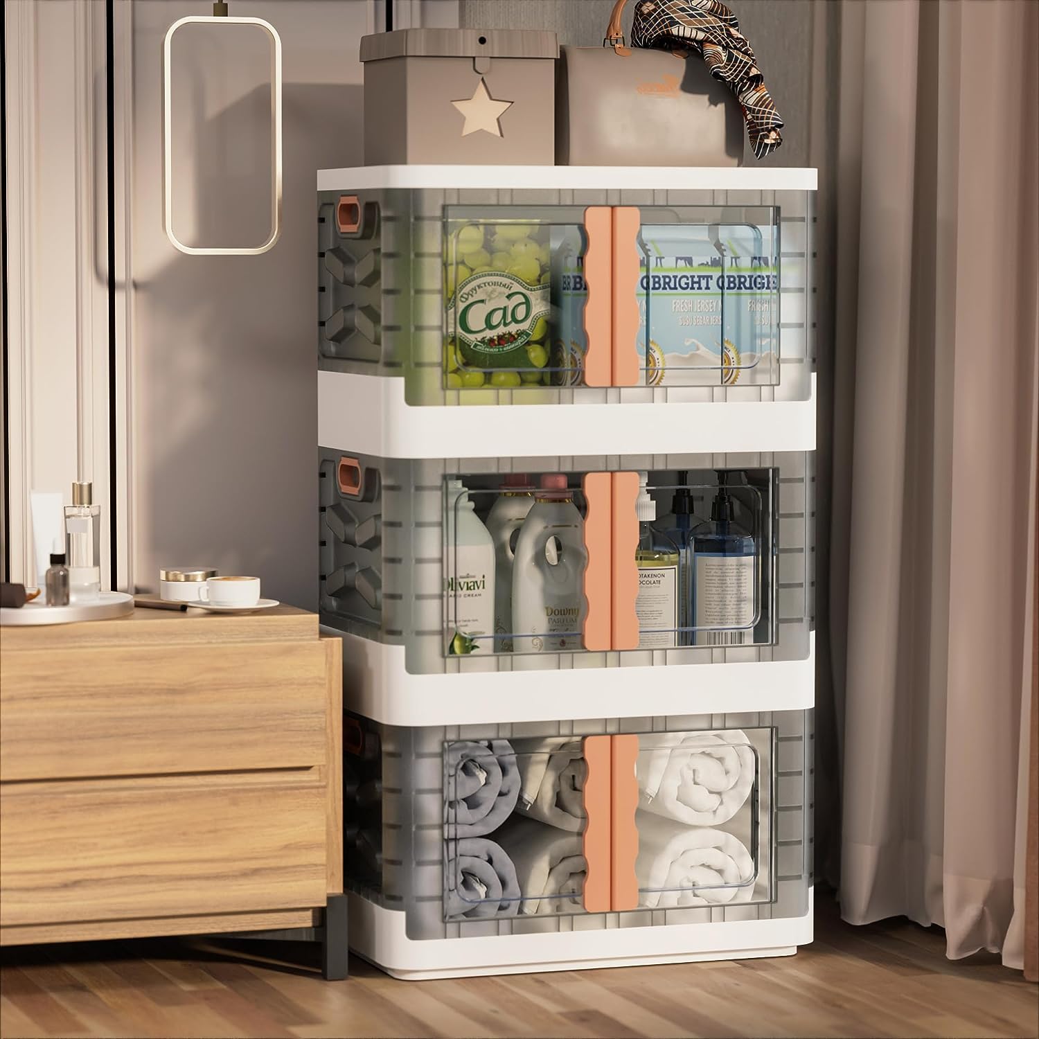 mechdel Collapsible Storage,Cabinet for Storage,Almari, Wardrobe, Cupboard Rack Living Room,Storage Cupboard | Clothes Organizer Rack, 2 Door Cabinet (STORAGE BIN/WHEEL-White, 4PCS)