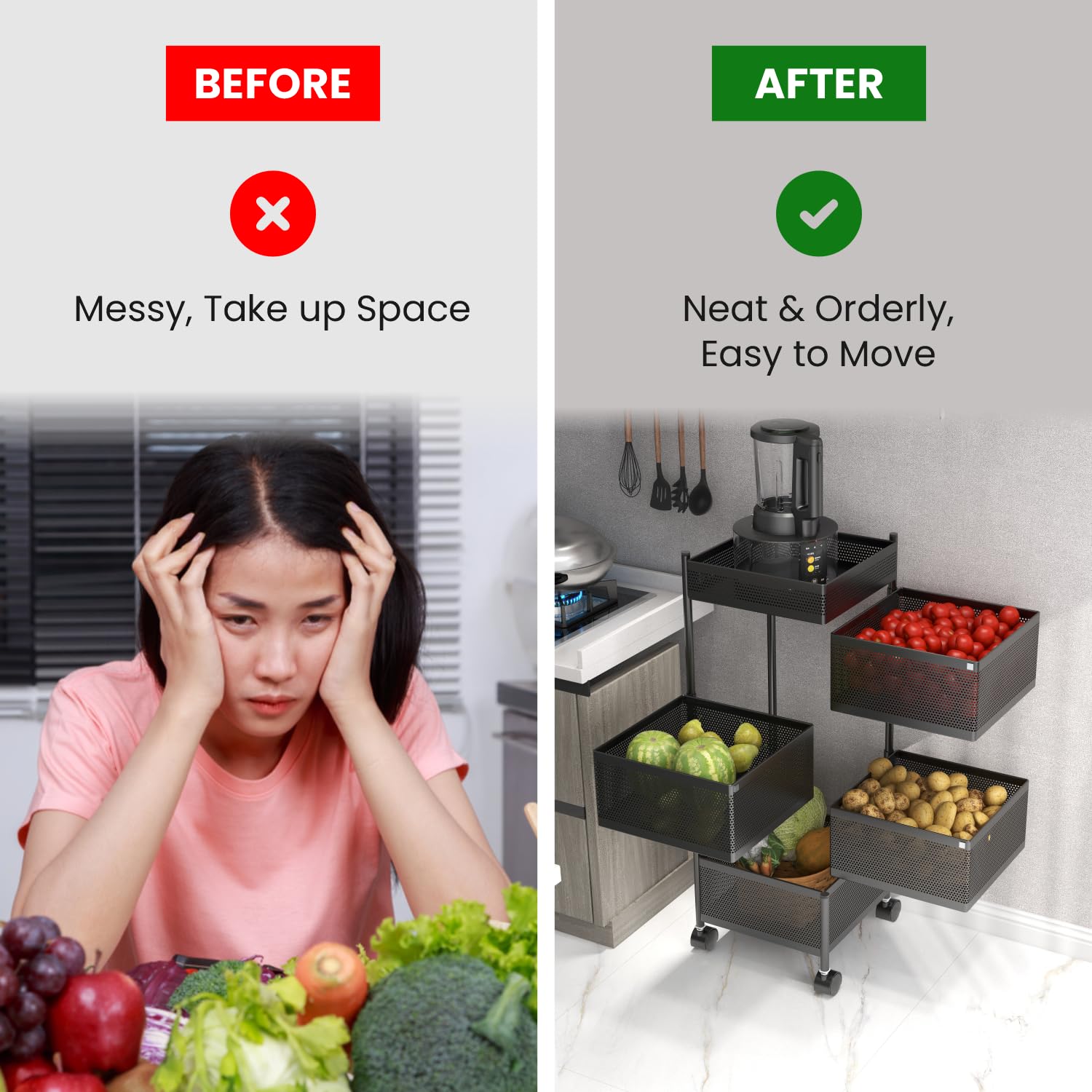 JD FRESH 5-Tier Metal Rotating Kitchen Trolley/Spice Rack/Vegetable & Fruit Storage/Organizer Holder and Onion-Potato Storage Basket for Kitchen