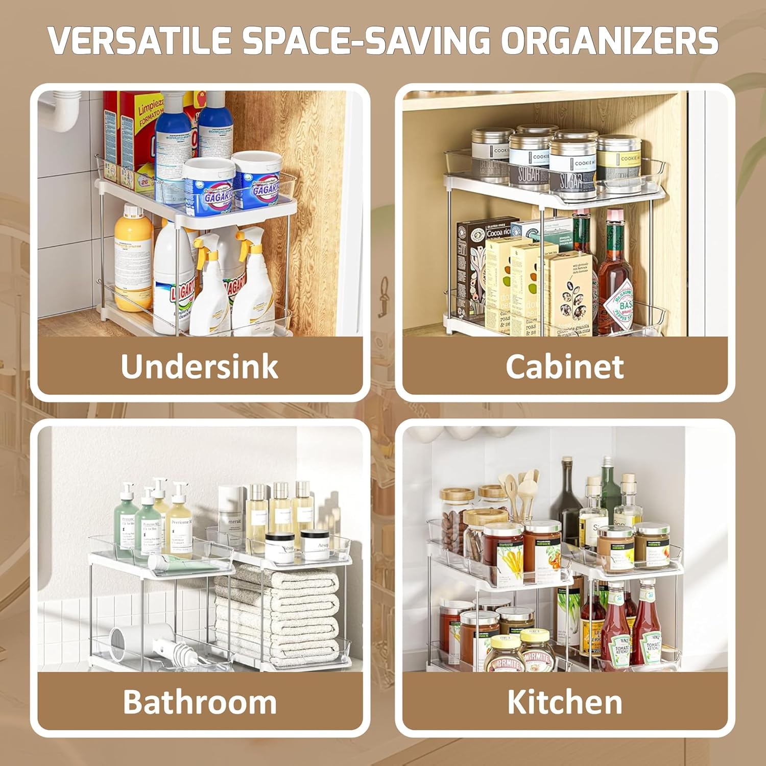 MECHDEL Tier Under Sink Organiser/Clear Bathroom Cabinets/Vanity Countertop Storage Container/Medicine Cabinet/Pull-Out Organization with Track for Pantry/Kitchen (2 Tier Under Sink Organiser)