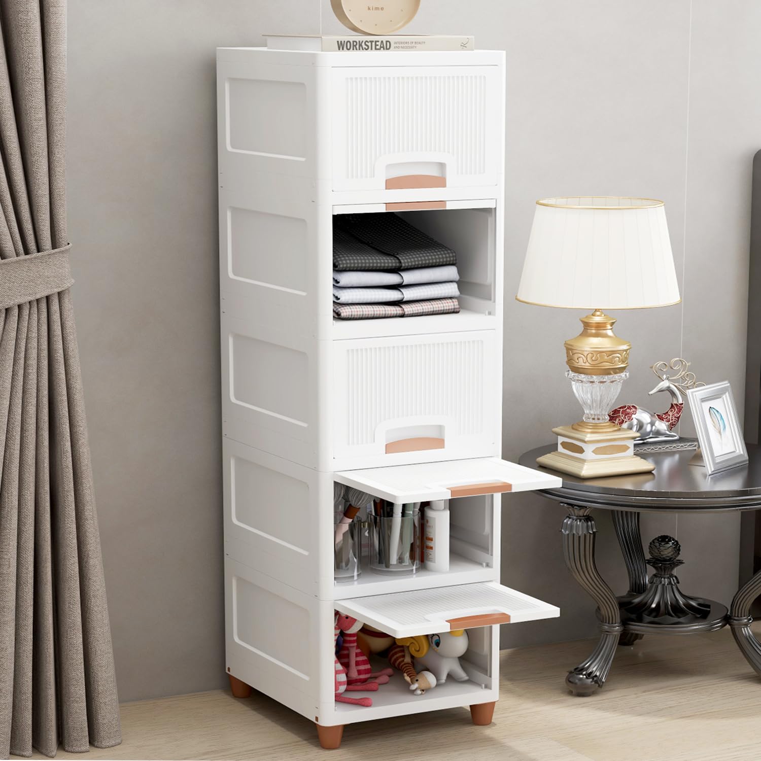 JD FRESH 3 Tier Foldable Organizer for Clothes/Modular Kitchen Storage Rack/Multipurpose Almirah for Bedroom/Wardrobe for Cloth/Space Saving Closet for Living Room/Stackable Cabinet for Home(White)