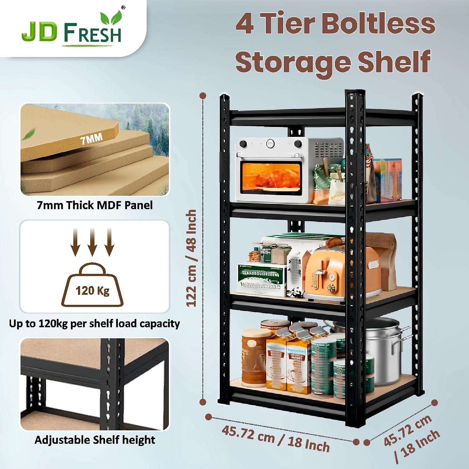 JD FRESH 5-Tier Adjustable Metal Storage Rack/Heavy Duty Boltless Shelving Unit & Organizer for Home, Garage, Office & Shop/Display Rack with Metal Frame (60 x 18 x 18 Inch, Black)