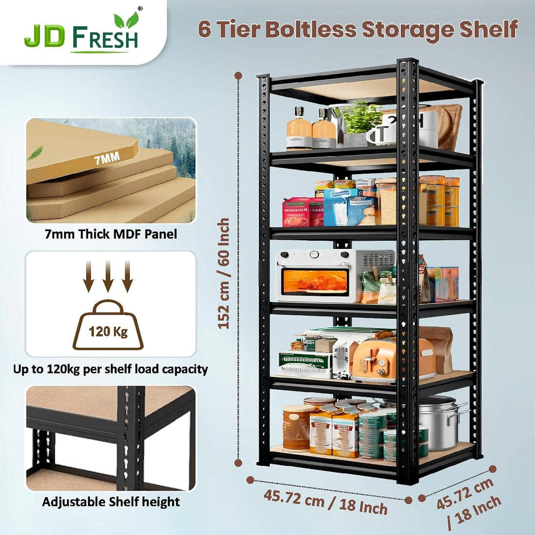 JD FRESH 6-Tier Adjustable Metal Storage Rack/Heavy Duty Boltless Shelving Unit & Organizer for Home, Garage, Office & Shop/Display Rack with Metal Frame (60 x 18 x 18 Inch, Black)