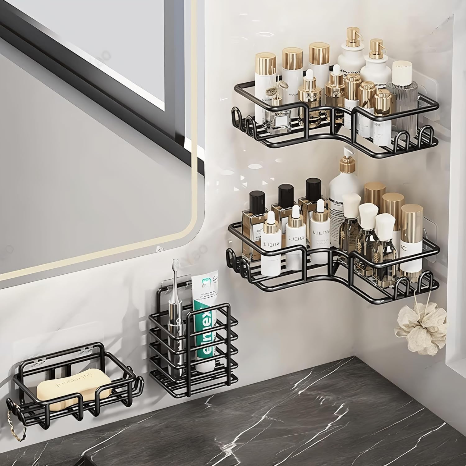 Stainless Steel Bath Organizers With Large Capacity Organizer Combo Racks and Shelves for Wall Stand for Bathroom Without Drill Soap Holder with Tooth Brush Holder Bathroom Accessories (5 pcs)