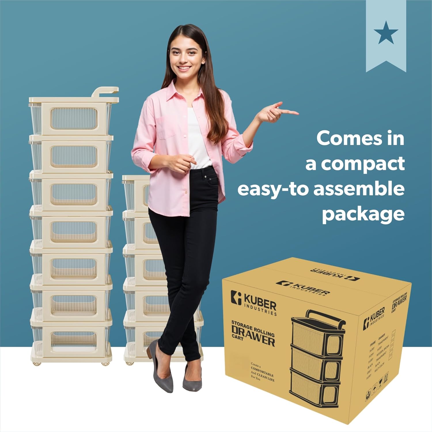 Kuber Industries 5 Layer Plastic Modular Storage Drawer Organizer with Wheels | Chest of Drawer Storage Box for Living Room, Office, School and Home | Toys Organiser for Kids Room | Transparent Ivory