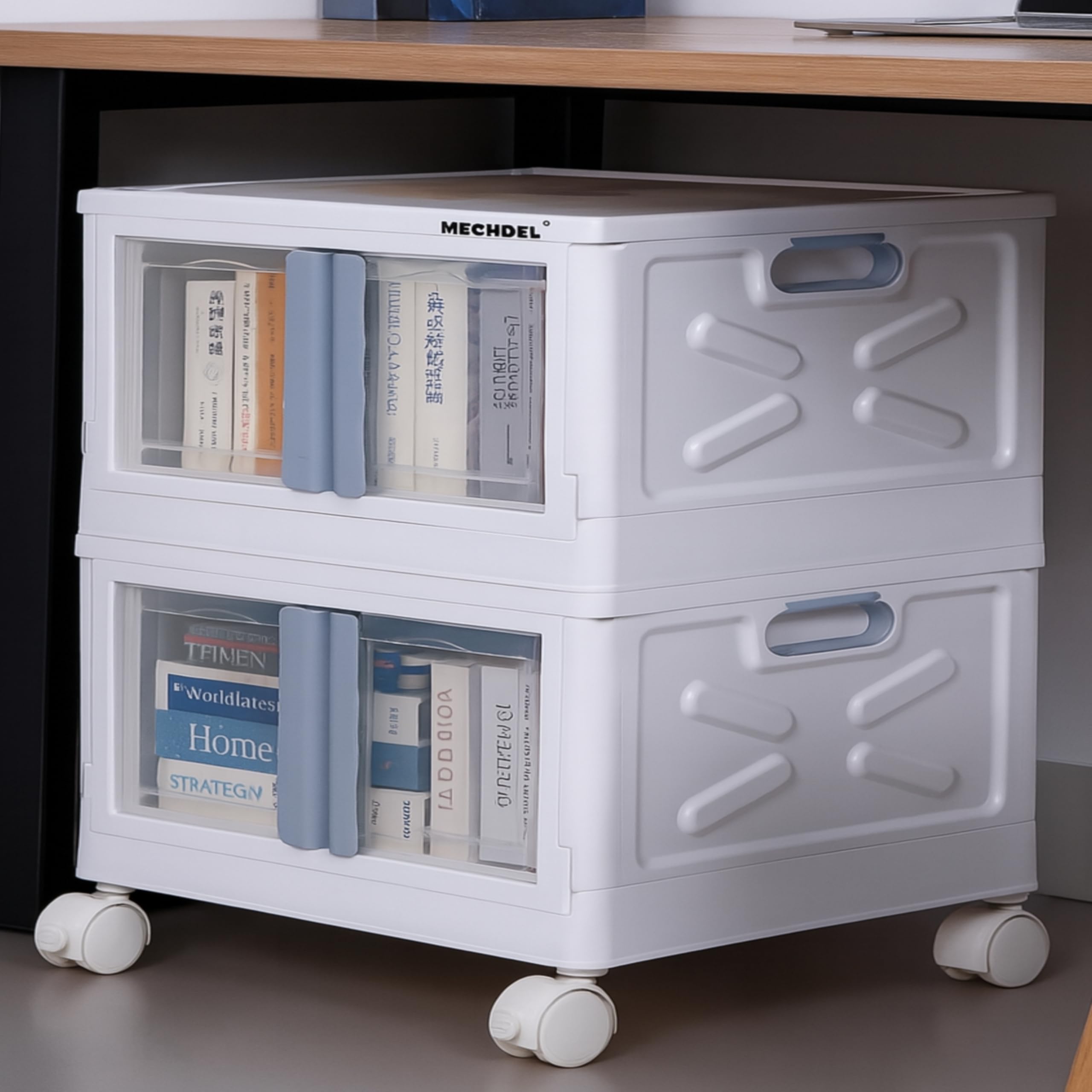 mechdel Stackable Storage Box with Wheels, Front Door Cabinet, Collapsible Organiser for Living Room, Bedroom, Books,cabinets for living room and book organiser (STORAGE BOX/WHEELS-WHITE, 1PCS)