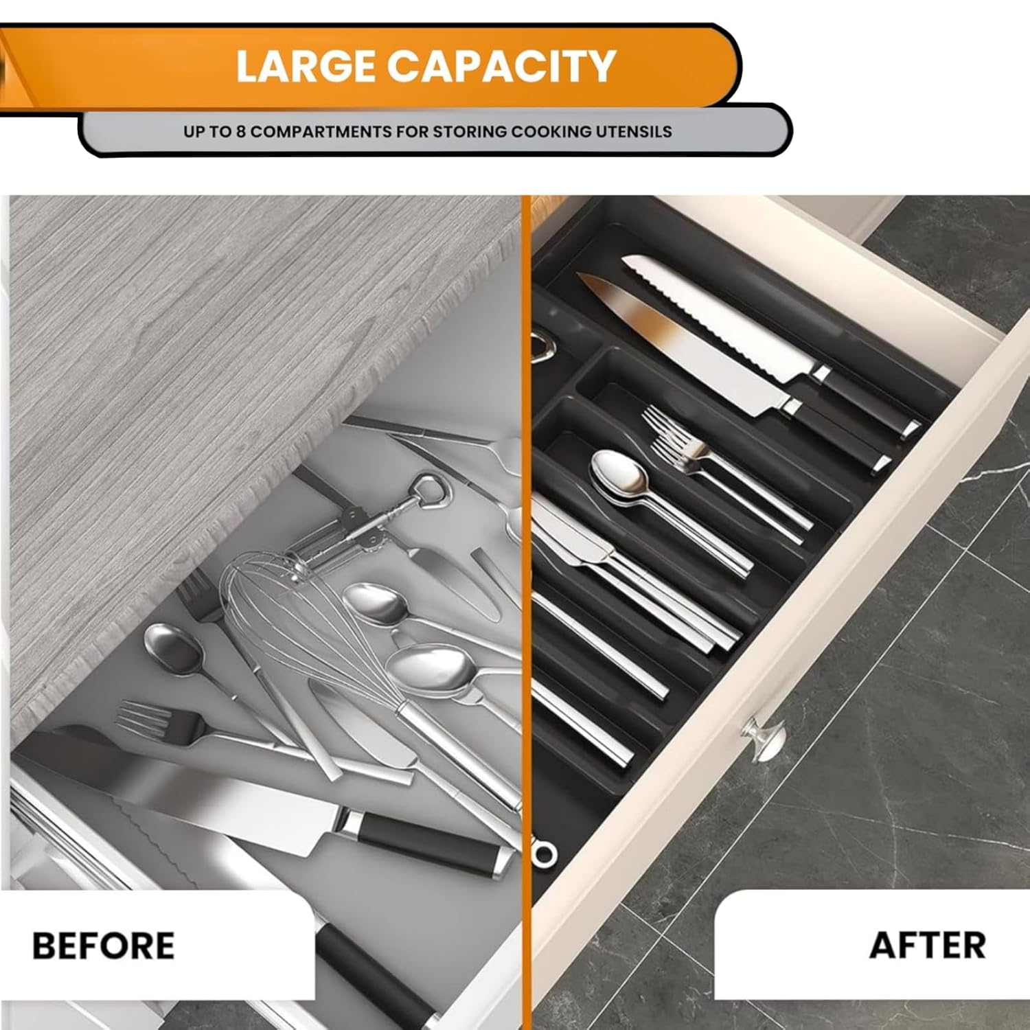 mechdel Drawer Organizer, Expandable BPA Free Utensil Tray for Kitchen, Adjustable Flatware and Cutlery Holder for Spoons Forks Knives, Plastic Kitchen Organizers and Storage (BLACK, 8-Slots)