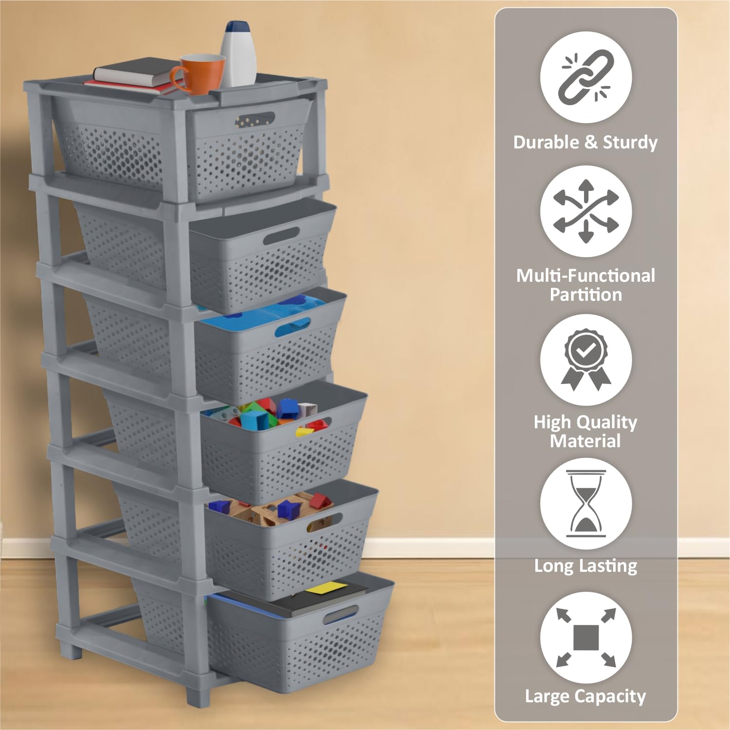 JD FRESH 6-Tier Plastic Storage Cabinet Organizer/Modular Plastic Drawer System for Home, Office, Hospital, Parlor, School, Doctors, and Kids' Rooms/Modular Kitchen & Toy Organizer (GREY)