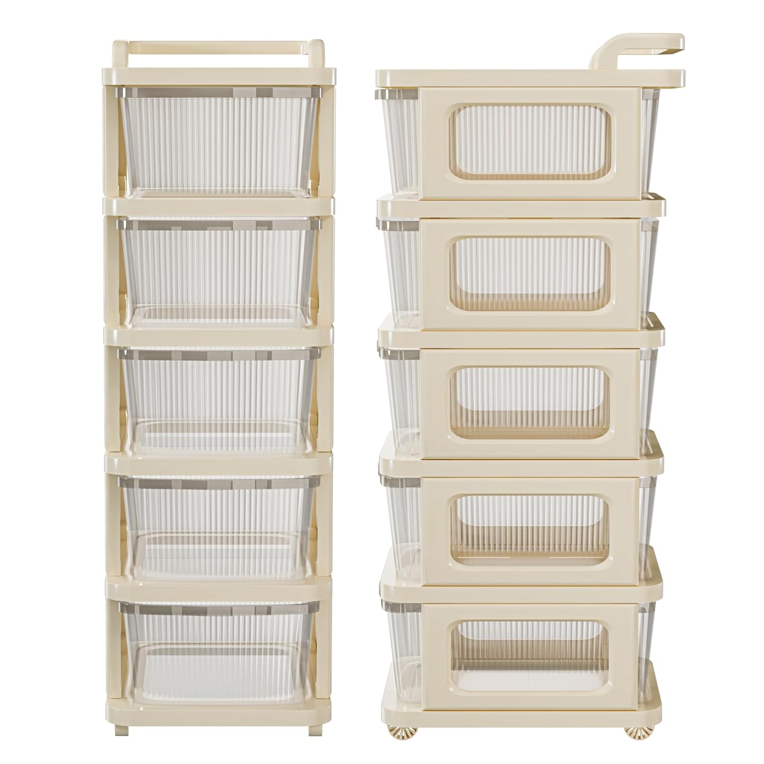 Kuber Industries 5 Layer Plastic Modular Storage Drawer Organizer with Wheels | Chest of Drawer Storage Box for Living Room, Office, School and Home | Toys Organiser for Kids Room | Transparent Ivory