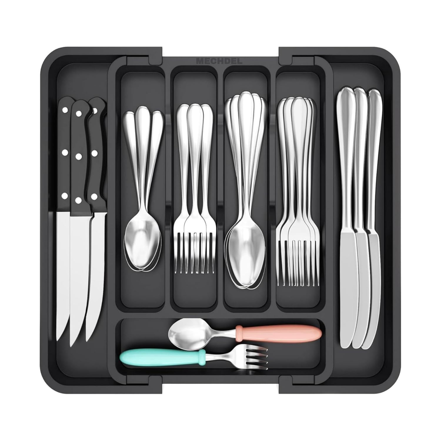 mechdel Drawer Organizer, Expandable BPA Free Utensil Tray for Kitchen, Adjustable Flatware and Cutlery Holder for Spoons Forks Knives, Plastic Kitchen Organizers and Storage (BLACK, 8-Slots)