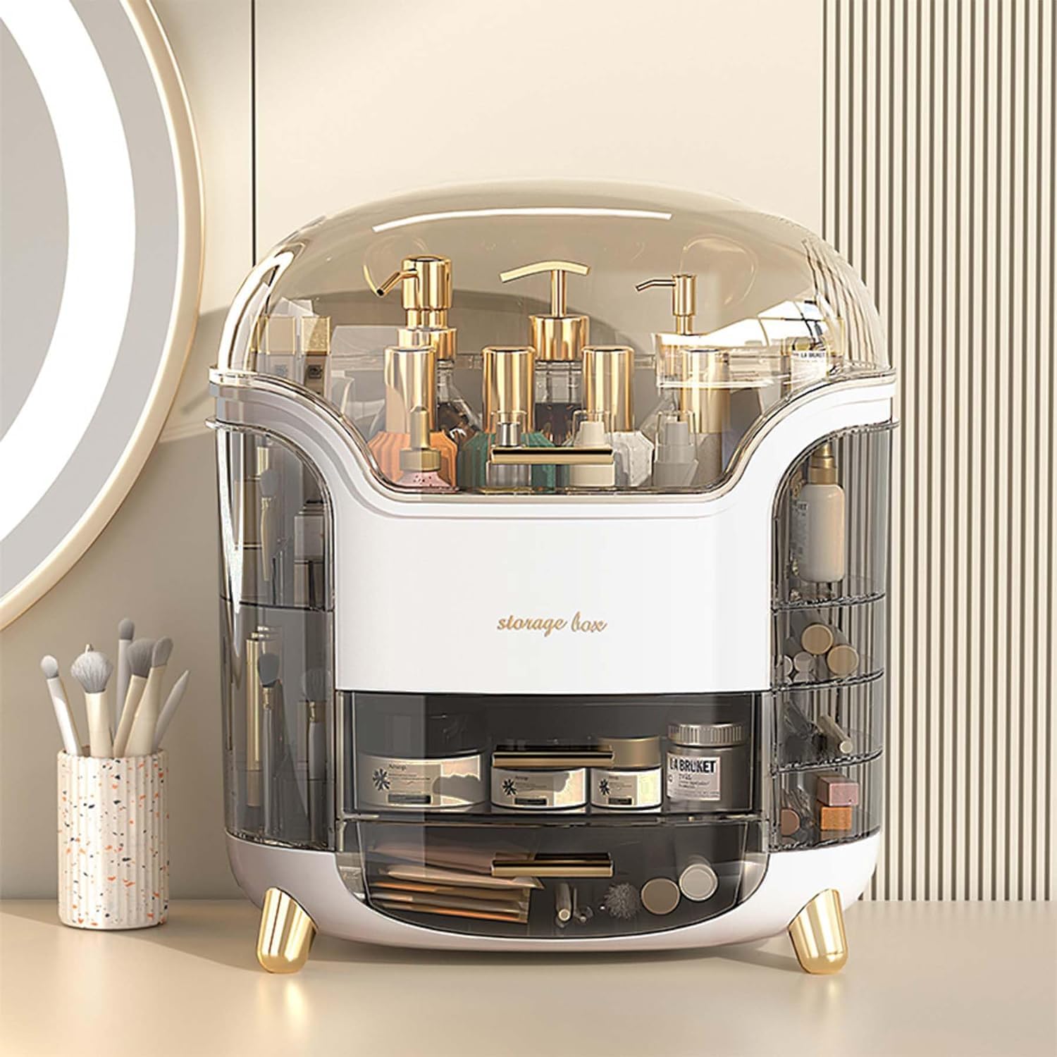 mechdel Makeup Desk Organizer With Drawers, Bathroom Countertop Organizer for Cosmetics, Vanity Holder for Lipstick, Brushes, Lotions, Eyeshadow, Nail Polish and Jewelry (Makeup Storage Box-White)