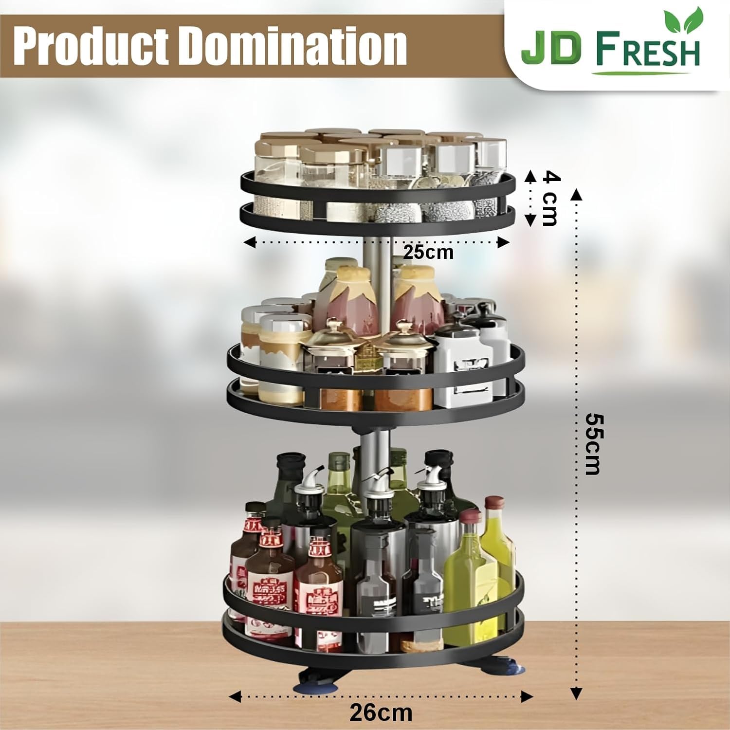 JD FRESH 2-Tier 360° Rotating Spice Rack Organiser/Multifunctional Spice Rack/Table Top Storage Rack/Non-Slip Spice Holder Organizer for Kitchen/Living Room- (Black, Round)