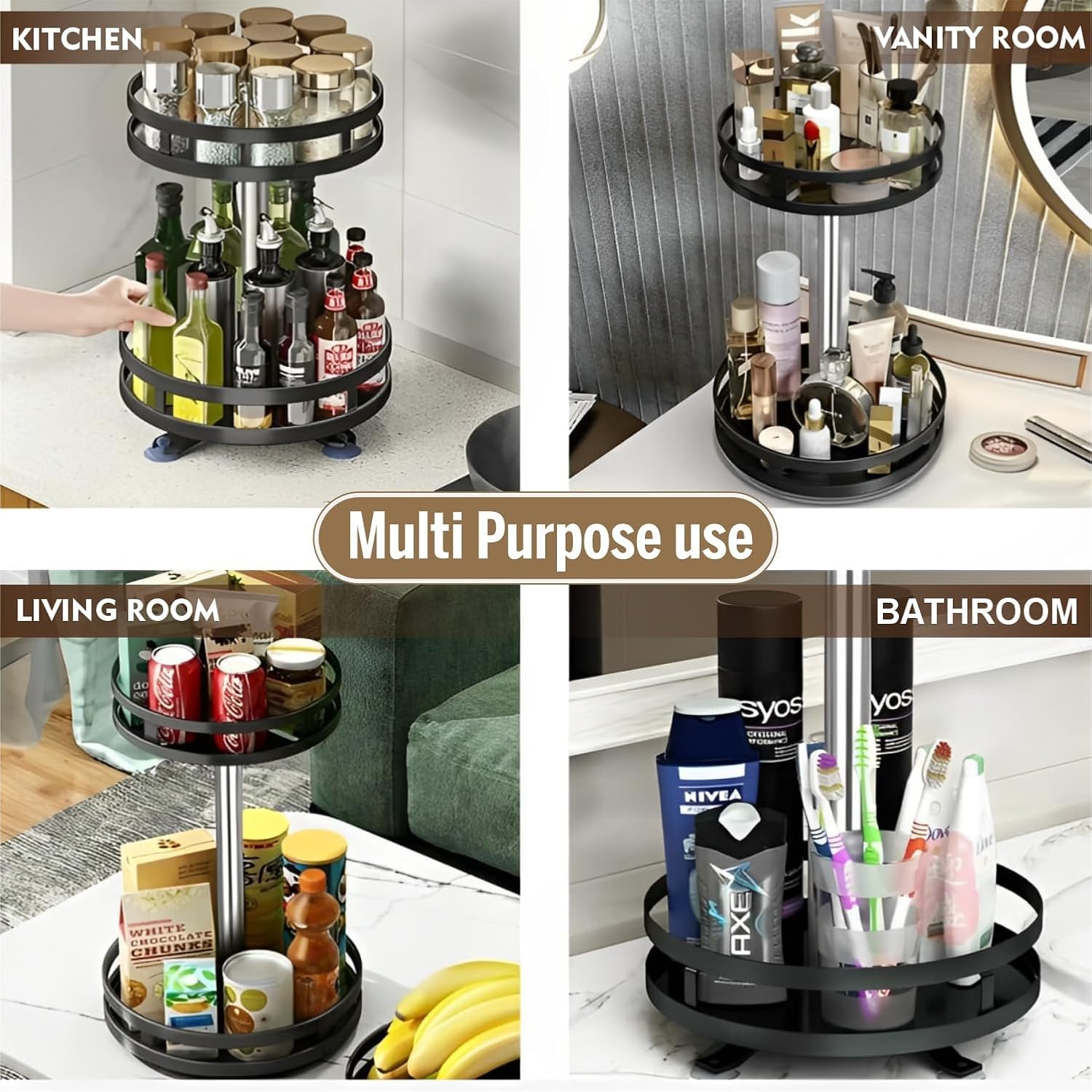 JD FRESH 2-Tier 360° Rotating Spice Rack Organiser/Multifunctional Spice Rack/Table Top Storage Rack/Non-Slip Spice Holder Organizer for Kitchen/Living Room- (Black, Round)