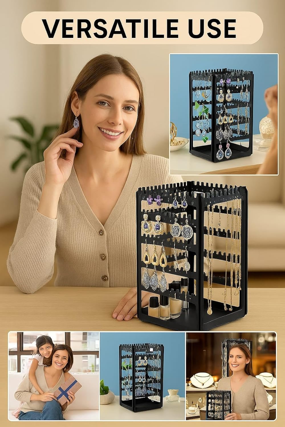 mechdel Plastic Rotating Earrings Stand Jewelry Display Organiser/Earrings Organiser/Jewellery Towers/Jewellery Stands/Earring Organizer Box/Chain Organiser (Rotating Earrings Organizer-Black, 1-SET)