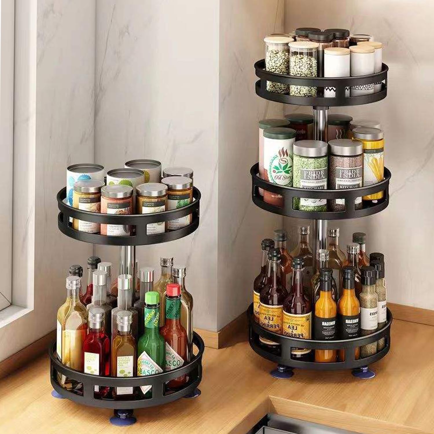 JD FRESH 2-Tier 360° Rotating Spice Rack Organiser/Multifunctional Spice Rack/Table Top Storage Rack/Non-Slip Spice Holder Organizer for Kitchen/Living Room- (Black, Round)