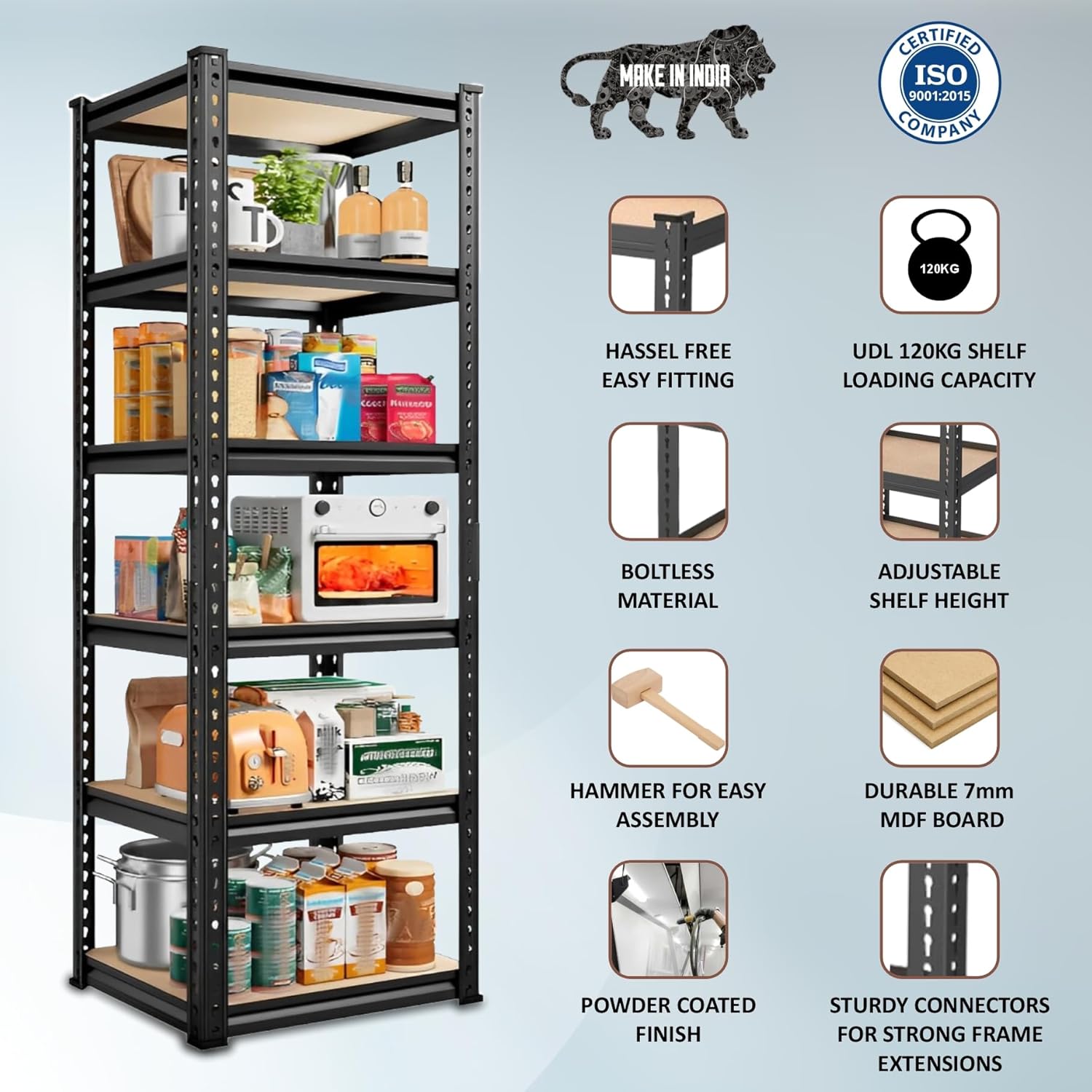 JD FRESH 6-Tier Adjustable Metal Storage Rack/Heavy Duty Boltless Shelving Unit & Organizer for Home, Garage, Office & Shop/Display Rack with Metal Frame (60 x 18 x 18 Inch, Black)