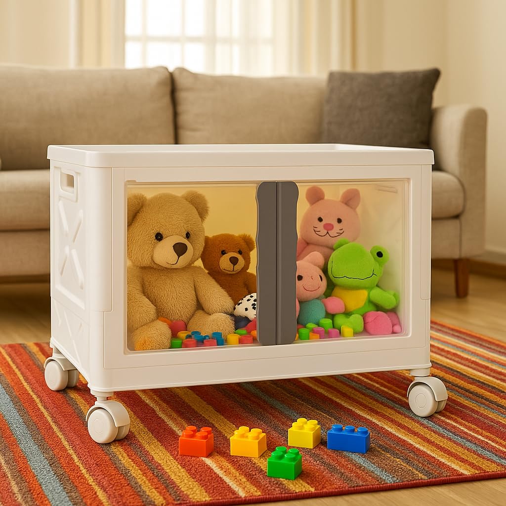 mechdel Stackable Storage Box with Wheels, Front Door Cabinet, Collapsible Organiser for Living Room, Bedroom, Books,cabinets for living room and book organiser (STORAGE BOX/WHEELS-WHITE, 1PCS)