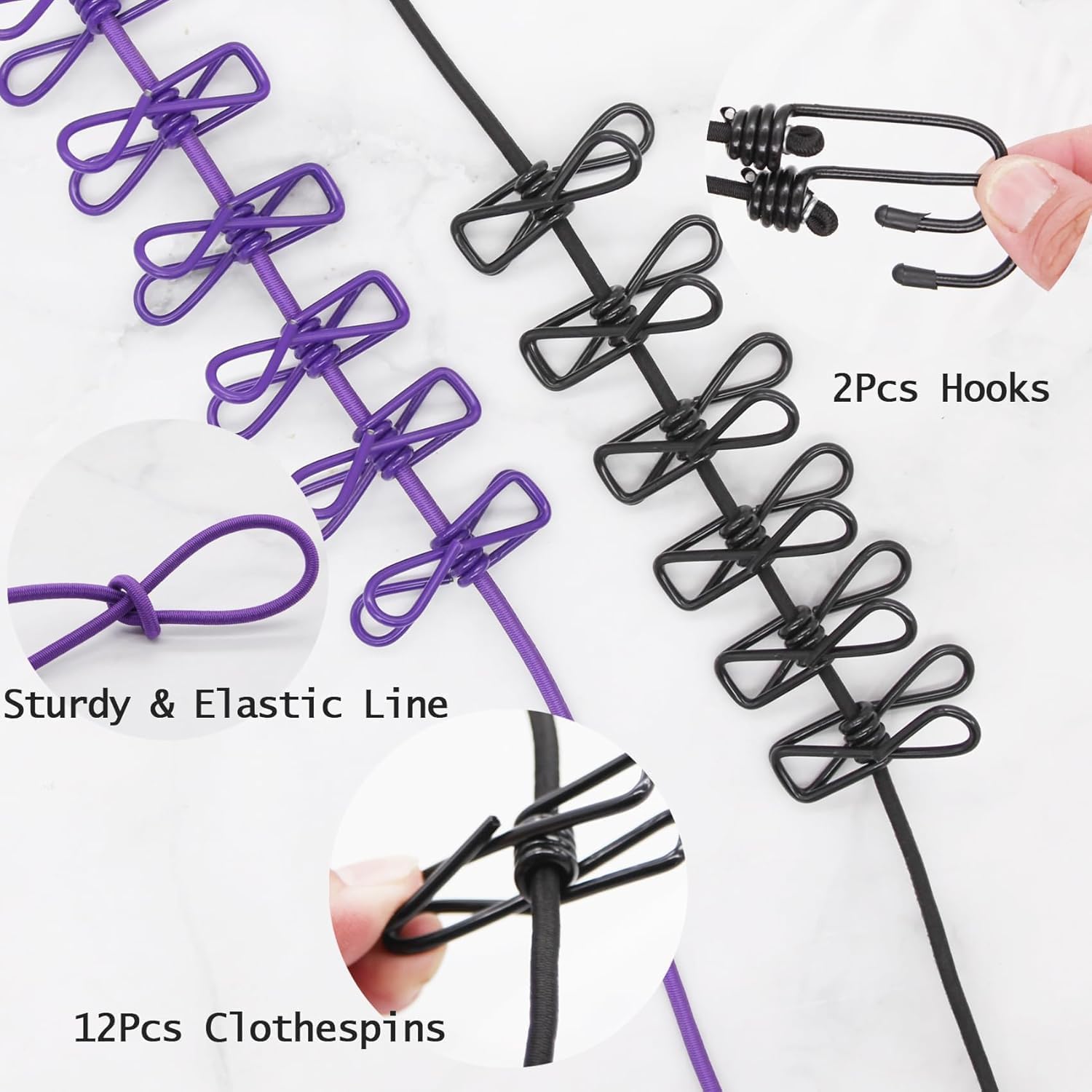 Bungee Cord with Hooks, 200 cm, Elastic Stretchable Rope, 15 kg Load Capacity (12 Clips Cloth Rope, 3PCS)