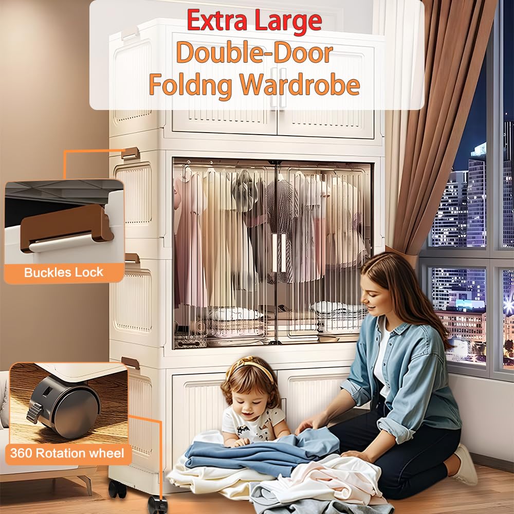 4-Door Plastic Wardrobe for Kids| Almirah and Wardrobe for Baby Clothes| Modular Storage Cabinet with Wheels| Kids Multi-Purpose Collapsible Wardrobe for Shoes/Books/Toy- White